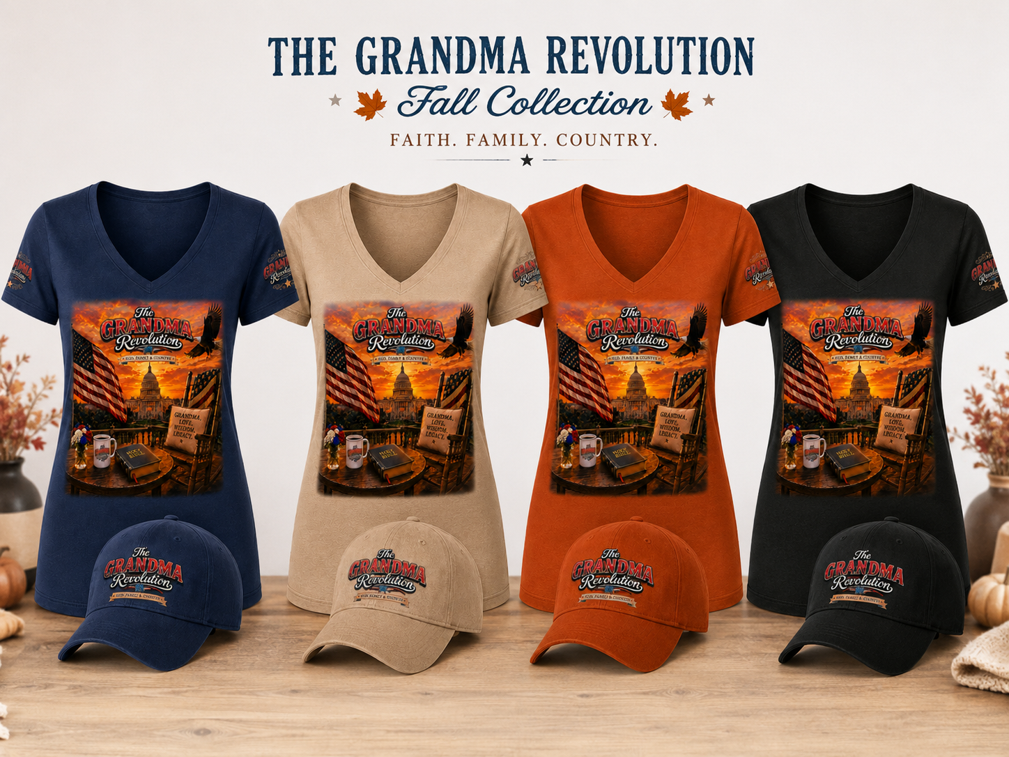 The Grandma Revolution Fall Collection - T-Shirts and Caps in Navy, Tan, Orange, and Black